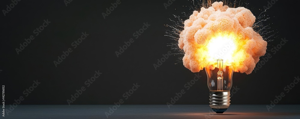 Poster Explosion of lightbulb showing filament and invention concept. A light bulb exploding, representing innovation and ideas.