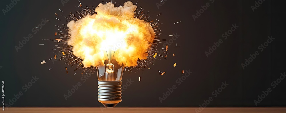 Aufkleber explosion of lightbulb showing filament and invention concept. an explosive scene of a light bulb bu