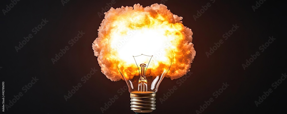 Poster Explosion of lightbulb showing filament and invention concept. A light bulb exploding, symbolizing innovative ideas and creativity.