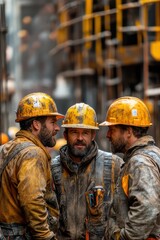 Three men in yellow hard hats are standing in a dirty industrial setting