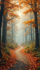 Obraz premium Winding Forest Path with Fallen Leaves – Autumn Morning Mist, Golden Forest Walk, Enchanted Woodland Trail Mobile Wallpaper