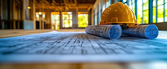Construction blueprints and safety gear