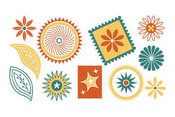 Retro Mid-Century Modern Geometric Shapes and Starburst Elements in Orange, Yellow, and Teal on a White Background