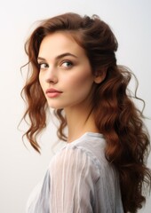 Fototapeta premium Long Red Hair Woman Sheer White Blouse Portrait