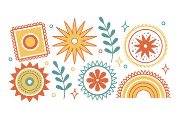 Retro Mid-Century Modern Geometric Shapes and Starburst Elements in Orange, Yellow, and Teal on a White Background