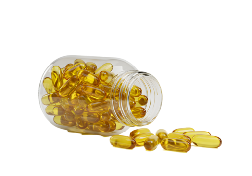 Omega-3 Fish Oil Capsules: Health Supplement Pills in Jar transparent background