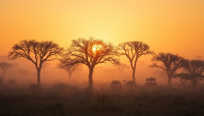 Serene african savanna sunrise with trees silhouetted in the hazy golden light
