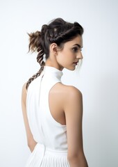 Fototapeta premium Woman Back View White Sleeveless High Neck Braided Portrait