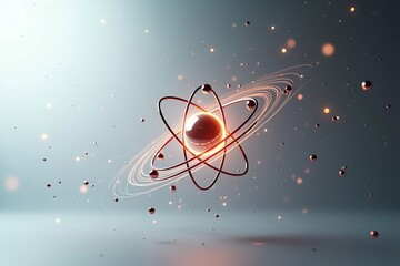 A floating atom model with orbiting electrons, glowing nucleus, white or black background, clean and modern design
