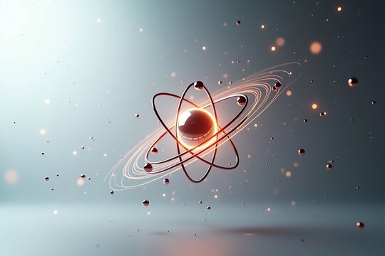 A floating atom model with orbiting electrons, glowing nucleus, white or black background, clean and modern design