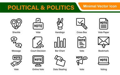 Politics Icon Set. A comprehensive collection of icons representing political themes, perfect for enhancing campaign materials, educational resources, and civic engagement initiatives.