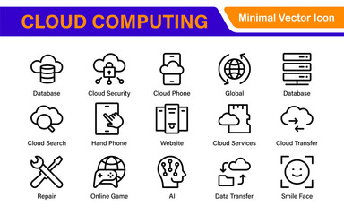 Cloud Computing and Quantum Technology Icon Set – Vector, Outline, Minimal, Line, Illustration – AI, Data Science, Blockchain, Cybersecurity, Neural Network