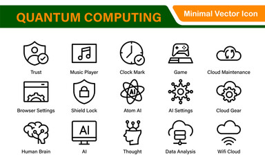 Cloud Computing and Quantum Technology Icon Set – Vector, Outline, Minimal, Line, Illustration – AI, Data Science, Blockchain, Cybersecurity, Neural Network