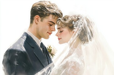 Close-up wedding photo of a couple, realistic anatomy, woman in bridal gown with veil