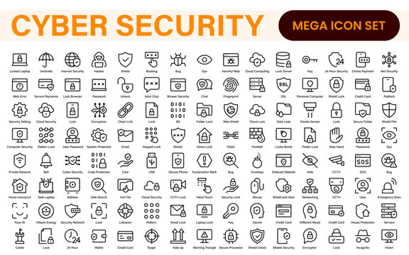 Cybersecurity Safety Icons – Secure Network, Data Protection, Firewall, Password, Hacking Prevention – Vector, Outline, Line, Minimal, Illustration