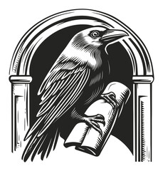 Naklejka premium Engraving of a Raven with Scroll in an Archway Illustration