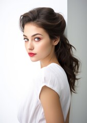 side view beautiful female model in white background