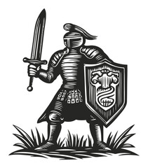 Obraz premium Detailed Engraving of a Knight Holding a Sword and Shield