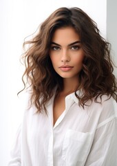 Fototapeta premium Wavy Hair Woman White Shirt Fashion Portrait