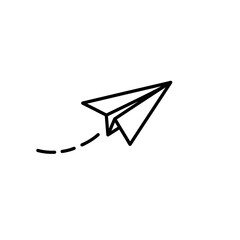 Paper Airplane Flying with Dotted Trajectory Simple Vector Line Art