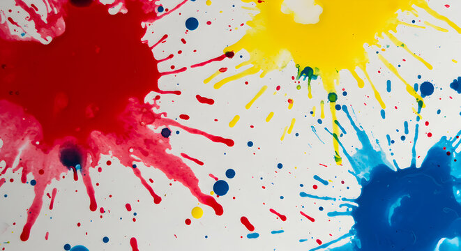 Vibrant Explosion Of Primary Color Blots And Splatters On White Surface