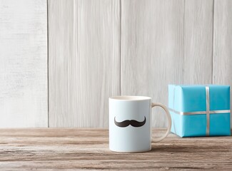 Mug with Mustache and Blue Gift on Wooden Surface