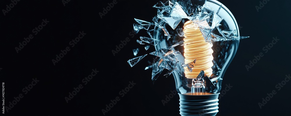 Poster Explosion of lightbulb showing filament and invention concept. A shattered light bulb symbolizing broken ideas and innovation.