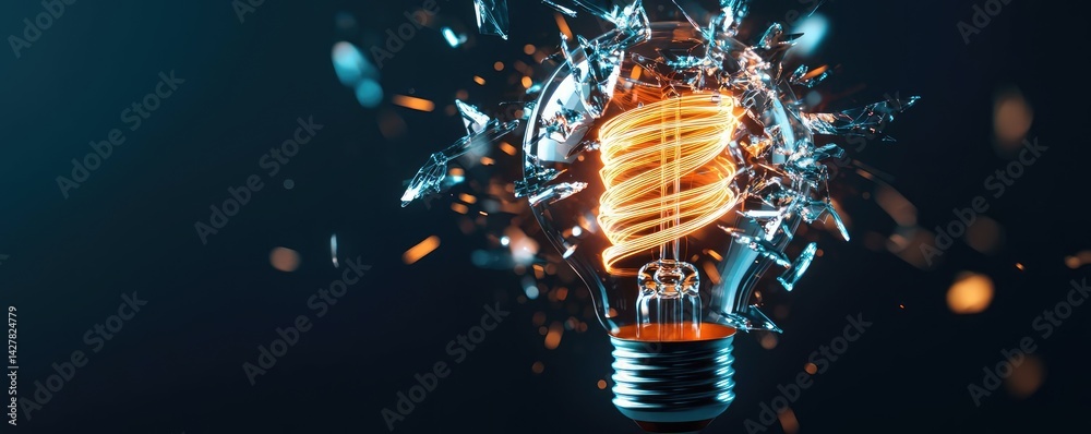Poster Explosion of lightbulb showing filament and invention concept. A shattered light bulb showcasing vibrant energy and innovation.