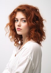 Fototapeta premium Red Curly Bob Woman White Shirt Fashion Portrait