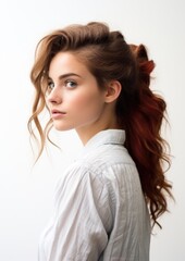 Fototapeta premium Red Hair Woman Looking Back White Shirt Portrait