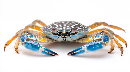 vibrant blue and orange caribbean crab with spotted shell on white background