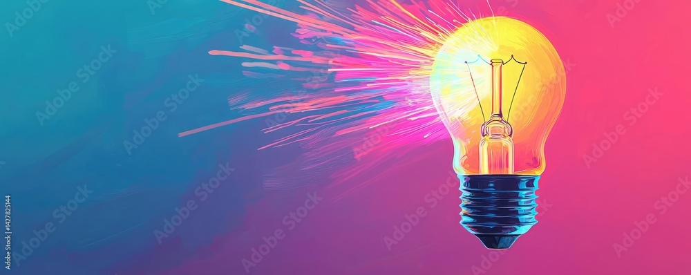 Poster explosion of lightbulb with creative invention impact concept. bright light bulb with colorful backg