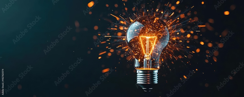 Aufkleber Explosion of lightbulb showing filament and invention concept. A glowing light bulb bursting with sparks against a dark background.
