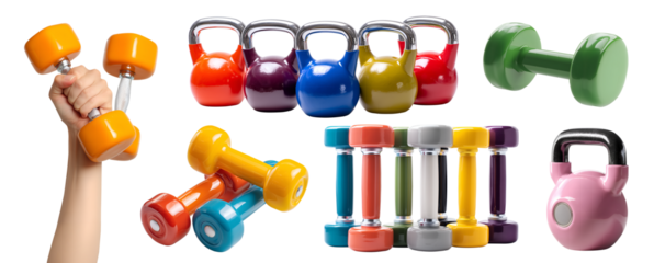 Collection set of colourful fitness sports training workout dumbbells Kettlebell weights, many different style angle isolated on transparent cutout PNG. Mockup template for artwork


