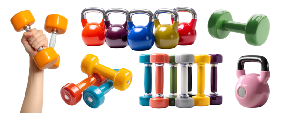 Collection set of colourful fitness sports training workout dumbbells Kettlebell weights, many different style angle isolated on transparent cutout PNG. Mockup template for artwork

