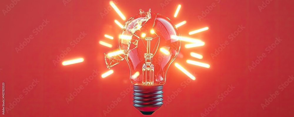 Poster explosion of lightbulb with creative invention impact concept. a glowing light bulb emitting sparks 