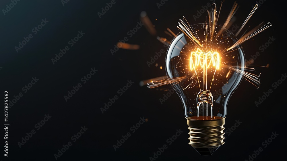Poster explosion of lightbulb in electric high-speed burst concept. illuminated light bulb with sparks, sym