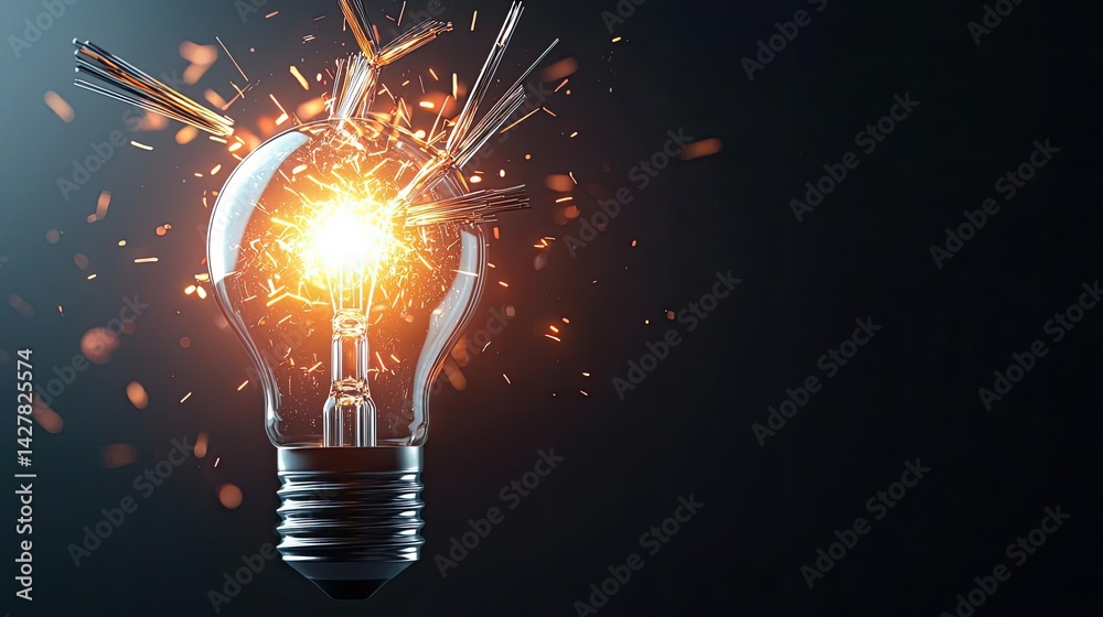 Poster explosion of lightbulb in electric high-speed burst concept. a broken light bulb emitting sparks and