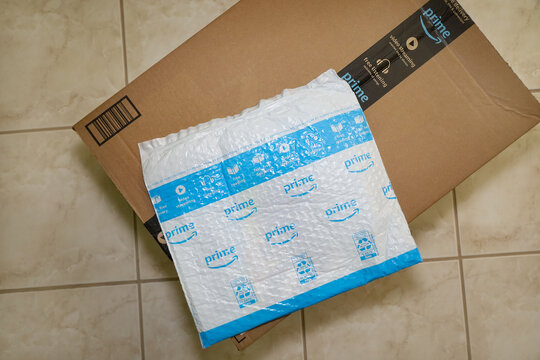 San Diego, CA USA - August 2, 2022: An amazon packaging box and bubble pack. Amazon prime delivery.