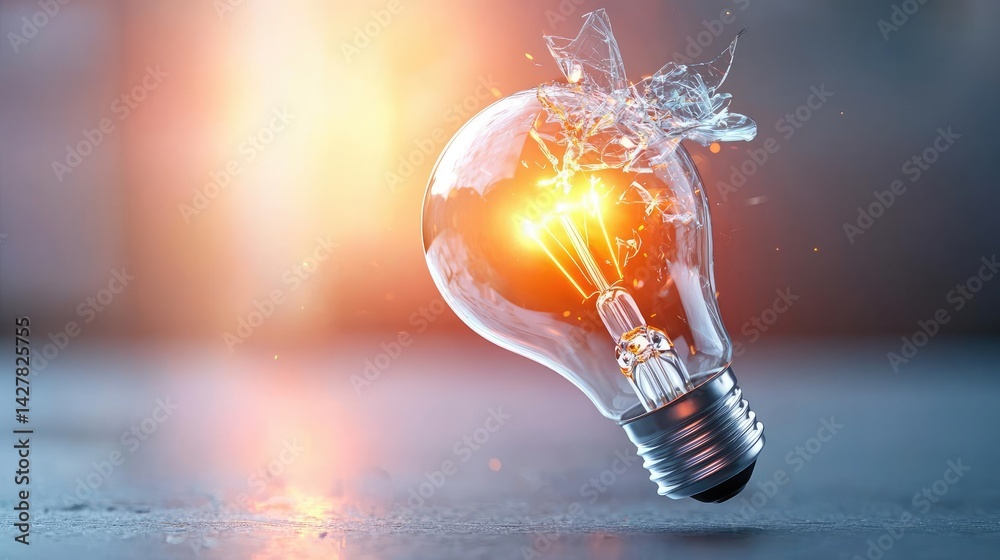 Aufkleber explosion of lightbulb showing filament and invention concept. a shattered light bulb emits a bright