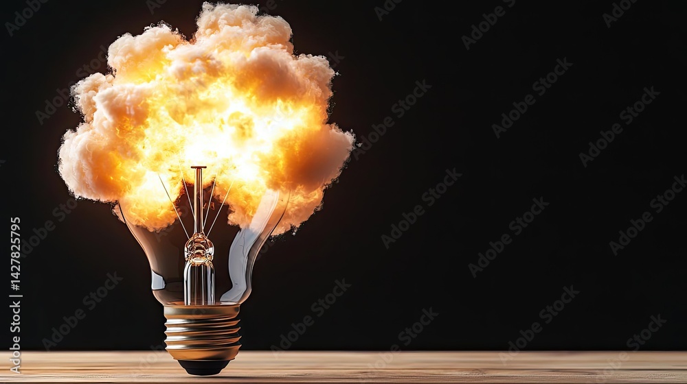 Poster Explosion of lightbulb in electric high-speed burst concept. A light bulb explodes with vibrant flames and smoke.