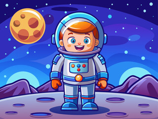 Naklejka premium A futuristic vector of a smiling cartoon astronaut standing on a moon surface, placed on a solid dark blue background