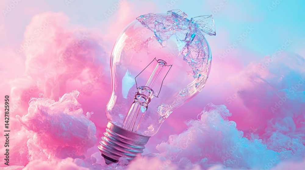 Poster Explosion of lightbulb in electric high-speed burst concept. A broken lightbulb floating in colorful cotton candy clouds.