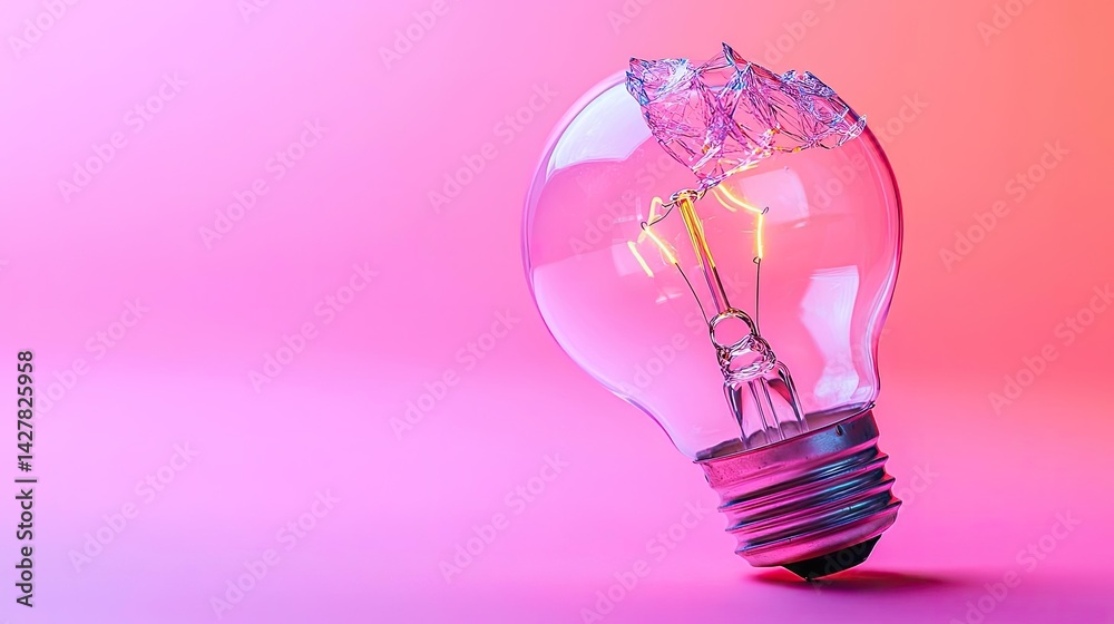 Poster explosion of lightbulb in electric high-speed burst concept. glowing light bulb on a vibrant pink ba