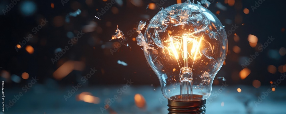 Fototapete explosion of lightbulb showing filament and invention concept. a dramatic close-up of a light bulb e