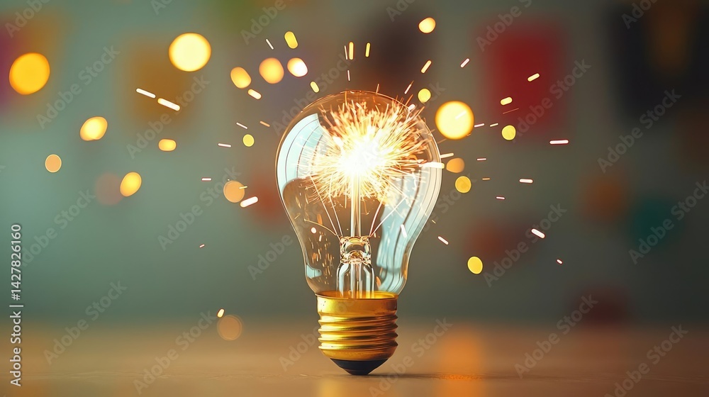 Poster Explosion of lightbulb showing filament and invention concept. A sparkling light bulb symbolizing innovation and creativity.
