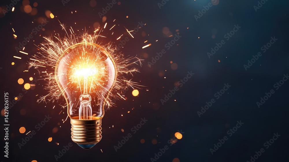 Poster explosion of lightbulb showing filament and invention concept. illuminated light bulb with sparks sh