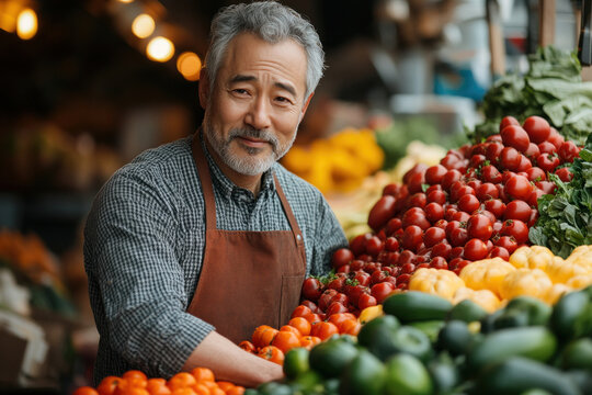 Mature vendor arranging colorful vegetables at open air market