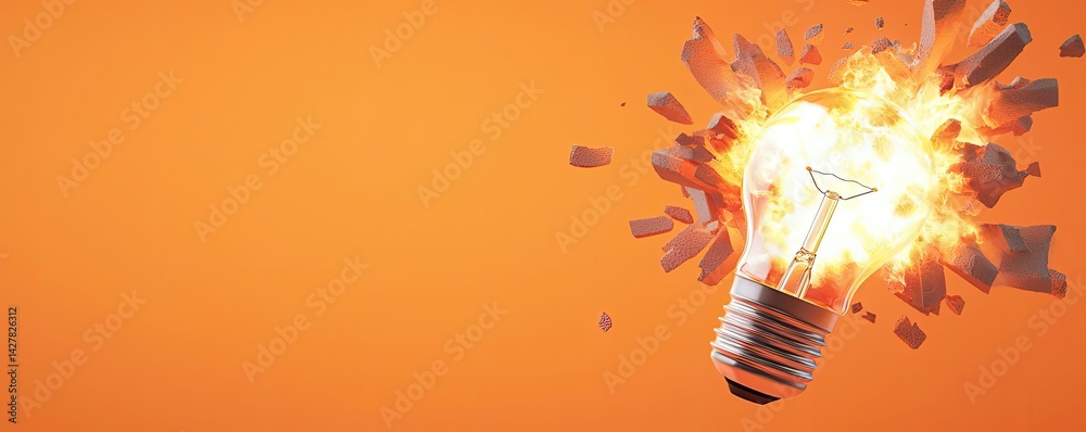 Poster explosion of lightbulb in electric high-speed burst concept. innovative light bulb bursting with ene