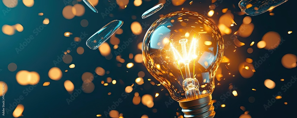 Aufkleber explosion of lightbulb with creative invention impact concept. a glowing light bulb with sparks symb
